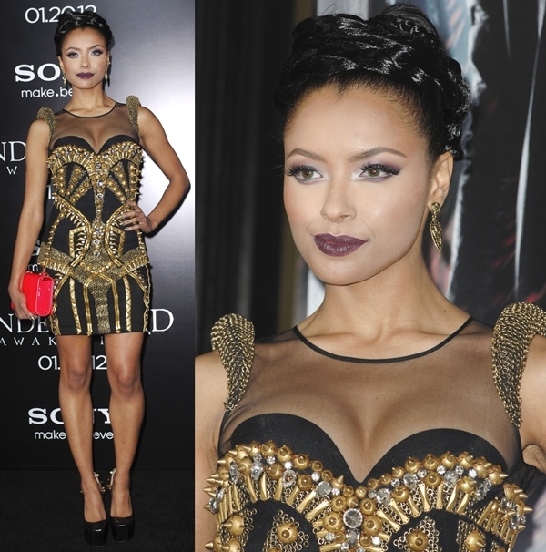 Actress Kat Graham rocks at Falguni & Shane Peacock dress at the Premiere Of Screen Gems' 'Underworld Awakening'