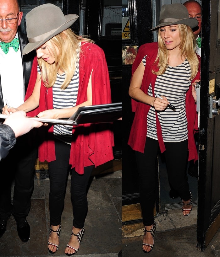 Sienna Miller leaving the Theatre Royal Haymarket after she performed in Terence Rattigan's play 'Flare Path' London on April 16, 2011
