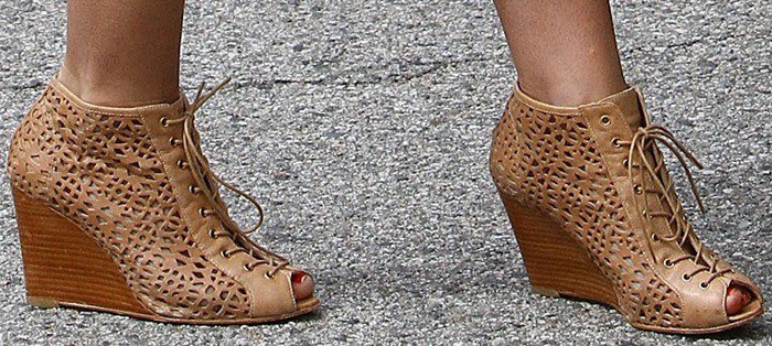 A closer look at Stuart Weitzman’s Perfbootie wedges in Adobe Vecchio Nappa, as styled by Audrina Patridge