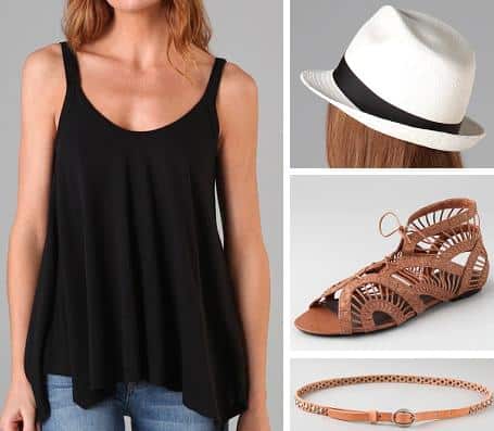 Outfit with hat, strappy flat sandals, draped tank, and studded belt