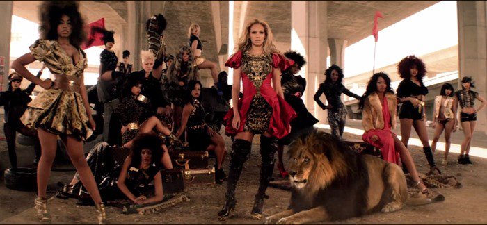 Beyonce wears an Alexander McQueen Fall 2010 look in her "Run the World (Girls)" music video