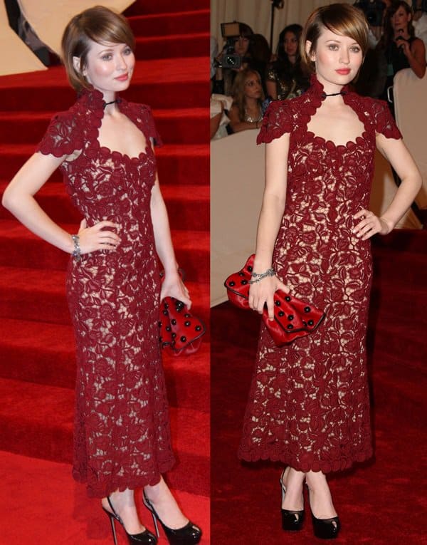 Emily Browning paired a burgundy lace dress from Marc Jacobs' Fall 2011 collection with Sergio Rossi black patent pumps