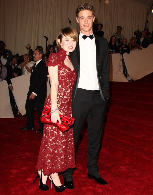 Emily Browning and her then-boyfriend Max Irons attend the "Alexander McQueen: Savage Beauty" Costume Institute Gala