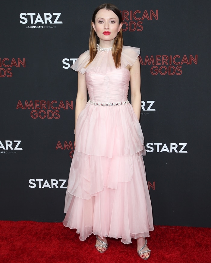 Emily Browning in a pink Miu Miu gown at the premiere of STARZ's "American Gods" season 2
