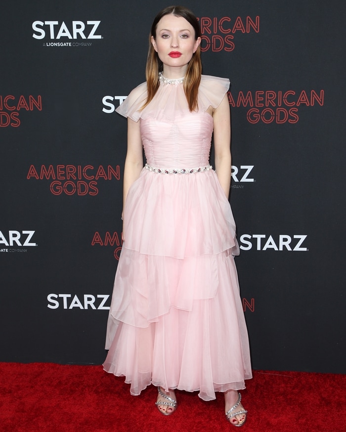 Emily Browning in a pink Miu Miu gown at the premiere of STARZ's "American Gods" season 2