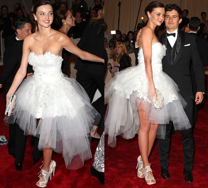 Miranda Kerr channels ethereal elegance in a Marchesa Fall 2011 White Swan embroidered dress, perfectly paired with Nicholas Kirkwood Spring 2011 lace ankle boots at the Met Gala