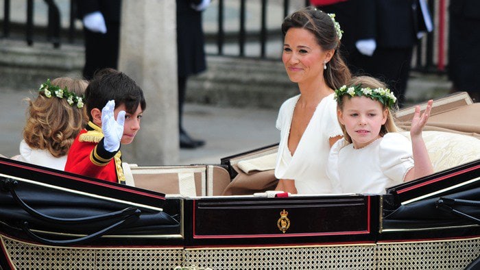 Maid of honor Pippa Middleton, page-boy William Lowther-Pinkerton and bridesmaid Margarita Armstrong-Jones arrive at the wedding of Prince William and Kate Middleton