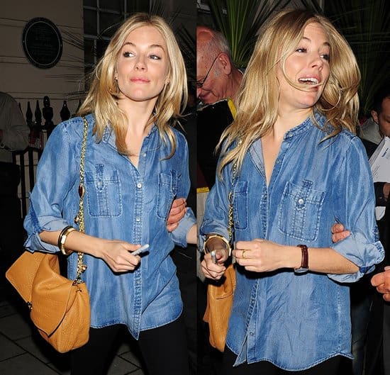 Sienna Miller at the exit after another performance in 'Flare Path' at the Theatre Royal Haymarket in London, England on May 18, 2011