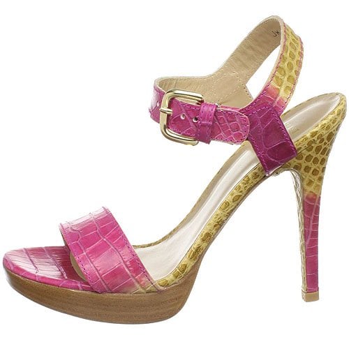 Stuart Weitzman Strutting Platform Sandals in Fuchsia Summer Croco