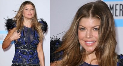 Fergie in Feather Shoulder Dress and Spiked Ruthie David Heels