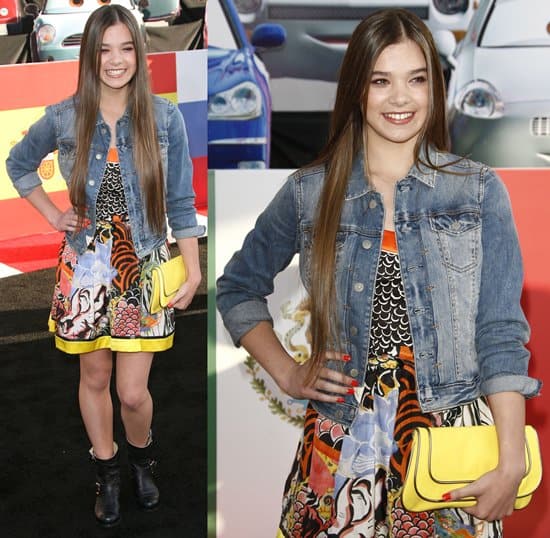Hailee Steinfeld dazzled at the 'Cars 2' premiere in a chic Philosophy di Alberta Ferretti multi-print cocktail dress, paired with Jimmy Choo "Youth" boots and an H&M clutch