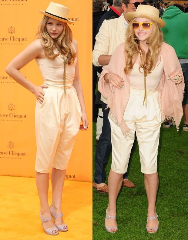 Chloë Grace Moretz in pale yellow, knee-length Giambattista Valli jodhpur/culottes paired with Rupert Sanderson shoes at the Veuve Clicquot Gold Cup Final