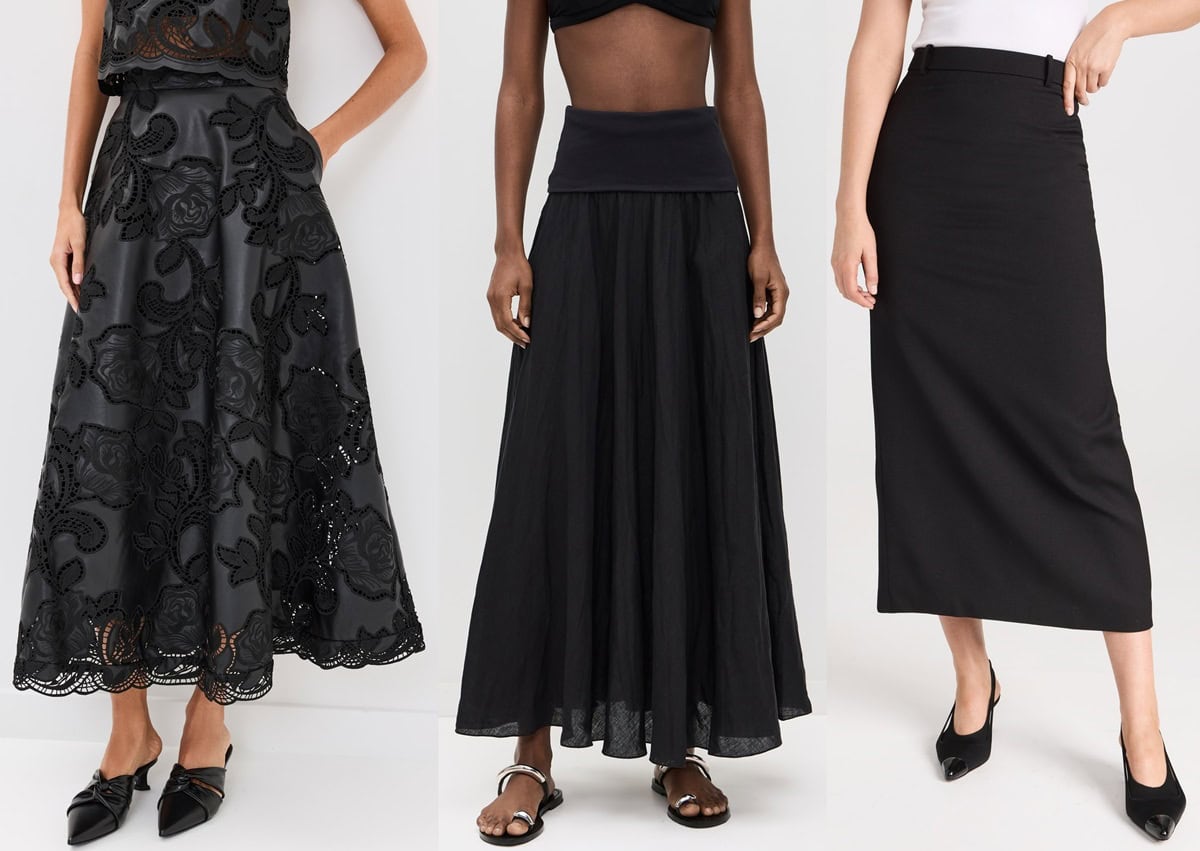 Three black skirts styled differently: an embroidered A-line skirt with pointed-toe mules, a flowy maxi skirt paired with sandals, and a sleek pencil skirt with slingback heels
