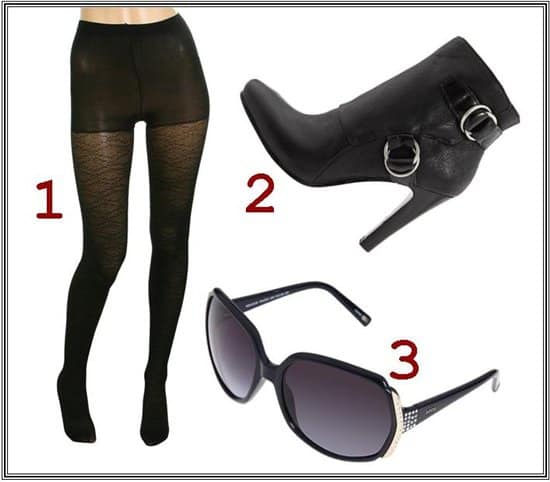 The perfect ensemble: Trendy black sunglasses, sleek ankle boots, and stylish textured tights