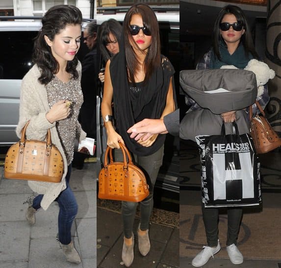 Selena Gomez elegantly carries her luxurious MCM handbag while exploring the vibrant streets of London