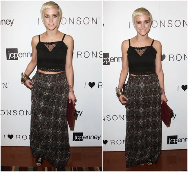 Ashlee Simpson paired a high-waisted printed maxi dress with a cropped black cami