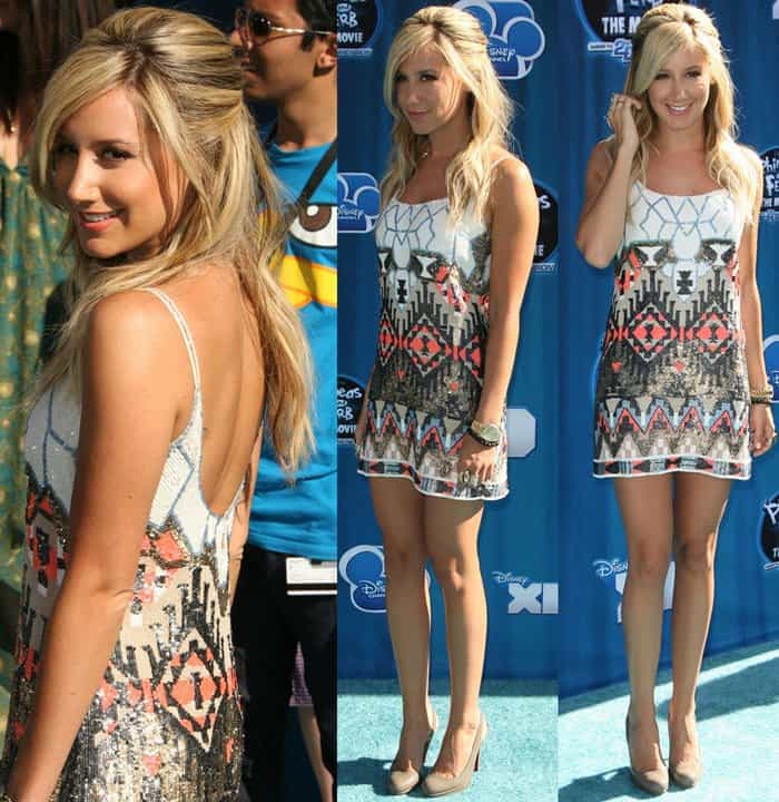 Ashley Tisdale attended the premiere of 'Phineas and Ferb: Across the Second Dimension' on August 3, 2011, wearing an AllSaints Aztec mini dress, accessorized with Christian Louboutin slingbacks, a Michael Kors midsized runway gold watch, a Soixante Neuf turquoise tri-stone shield ring, and a Rolex Day-Date Presidential wristwatch with a champagne stick dial