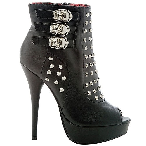 Skull buckled studded platform peep toe booties