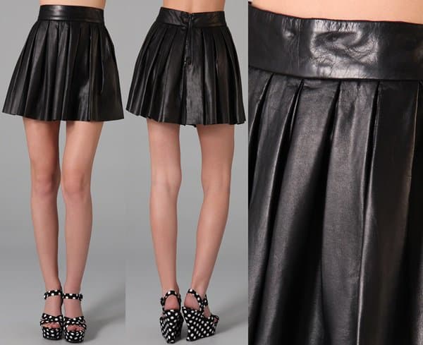Alice Olivia Box Pleated Leather Skirt
