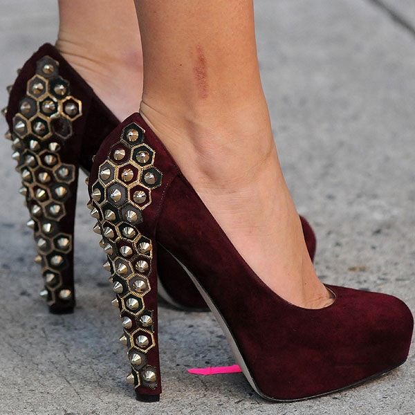 Blake Lively wearing 'Power Studs' suede platform pumps from Brian Atwood
