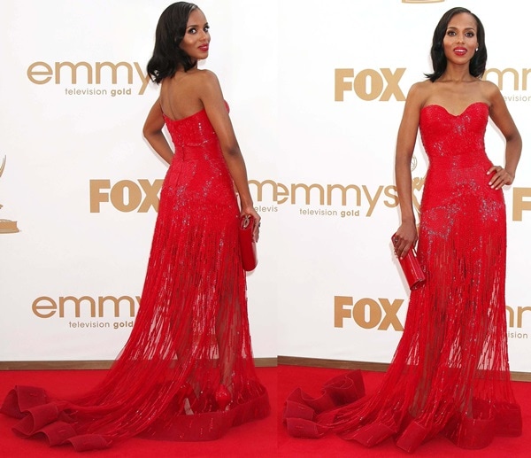Kerry Washington in a bright red Zuhair Murad dress on the red carpet of the 2011 Emmy Awards