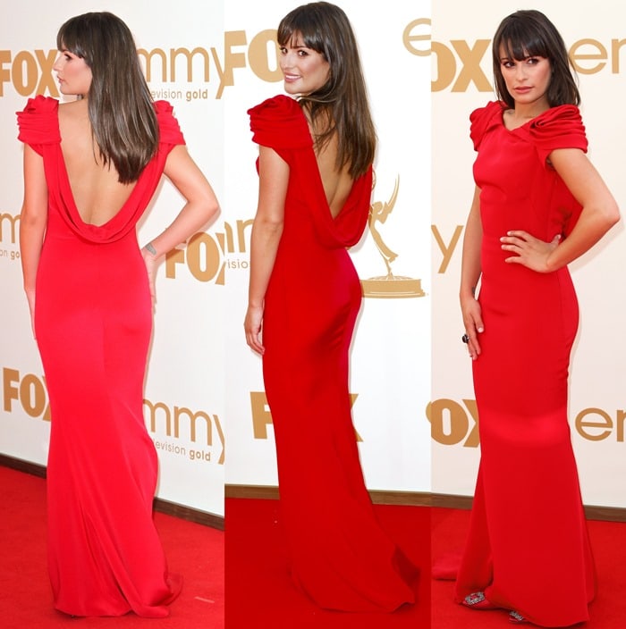 Lea Michele wearing a red dress with Hangisi heels from Manolo Blahnik