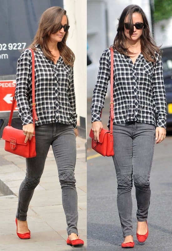 On September 16, 2011, in London, Pippa Middleton was seen wearing French Connection Nebraska stretch skinny jeans, a Prada crossbody bag, and French Sole Pirouette red nubuck flats