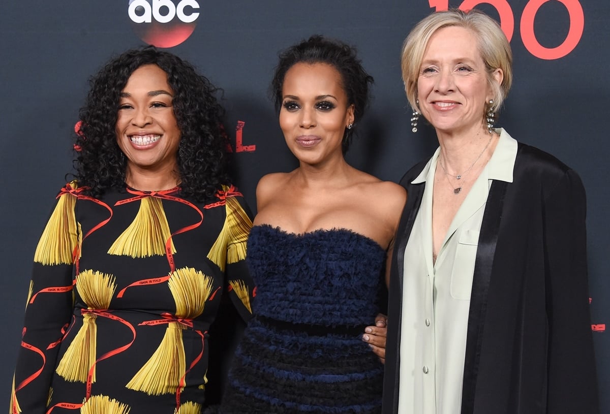 Producer Shonda Rhimes, actress Kerry Washington, and producer Betsy Beers attend ABC's "Scandal" 100th episode celebration