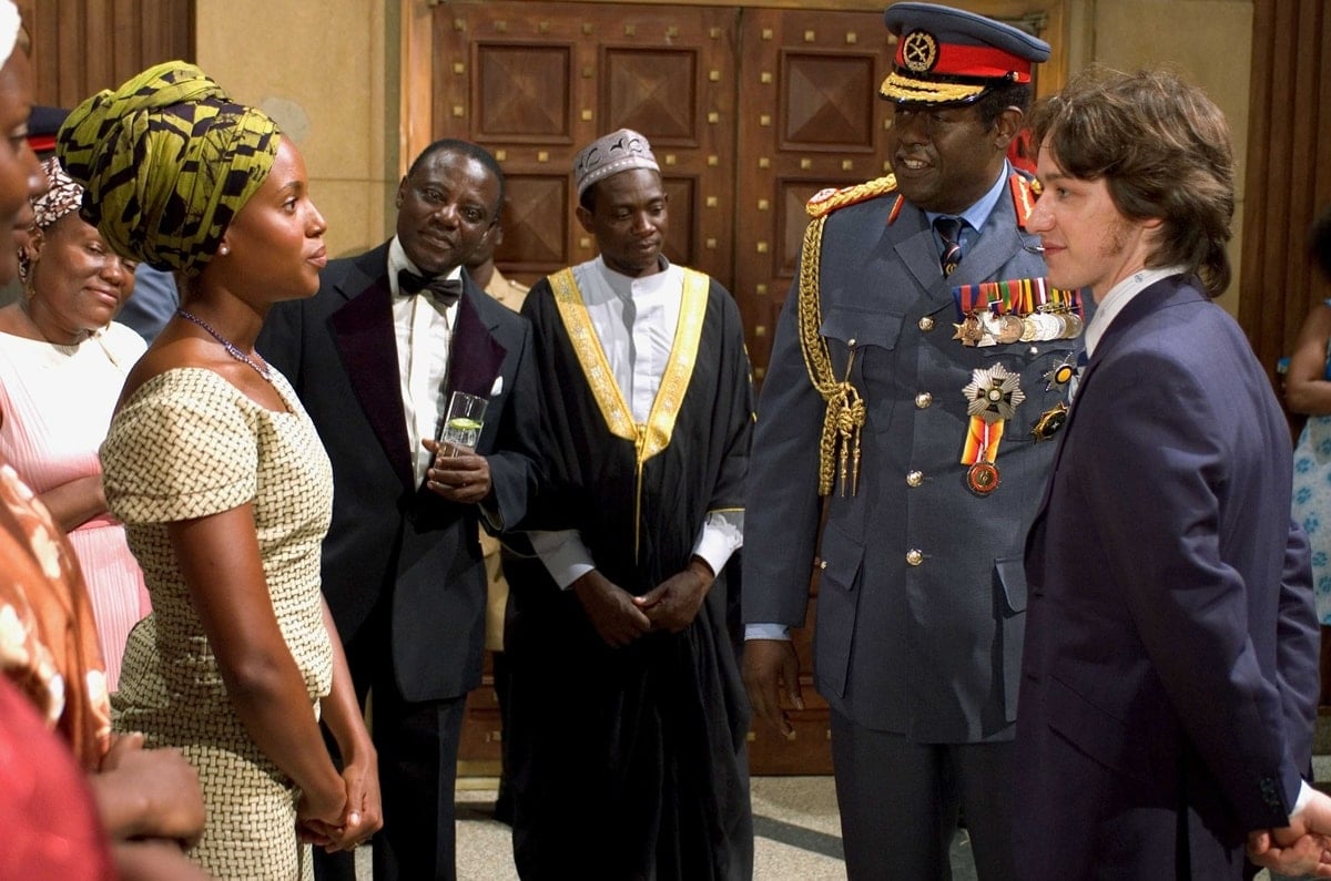 Forest Whitaker as Idi Amin, James McAvoy as Dr. Nicholas Garrigan, and Kerry Washington as Kay Amin in the 2006 historical drama film The Last King of Scotland