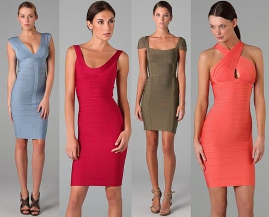 A selection of Hervé Léger dresses, including V-Neck Cocktail, Scoop Neck Cocktail, Cap Sleeve Cocktail, and Criss Cross Open Back, showcasing the brand's versatility and elegance