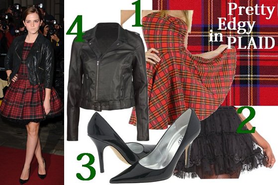 1. Betsey Johnson Pink Patch Dress in Red Plaid, $98 / 2. Hot Topic Black Polka Dot Tulle Skirt, $45.50 / 3. RSVP Jade Patent Pumps, $69 / 4. Full Tilt Faux Leather Moto Jacket, $40