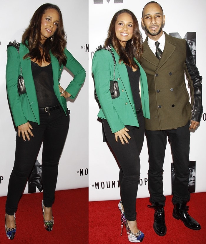 Alicia Keys rocked a bold green blazer paired with black skinny jeans and statement Christian Louboutin Daffodile Brodee pumps alongside her husband, Swizz Beatz, at The Mountaintop Broadway premiere in New York City