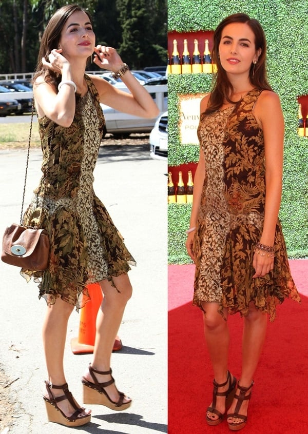 Camilla Belle wears a Ralph Lauren dress and wedge heels on the red carpet of the Veuve Clicquot Polo Classic Los Angeles