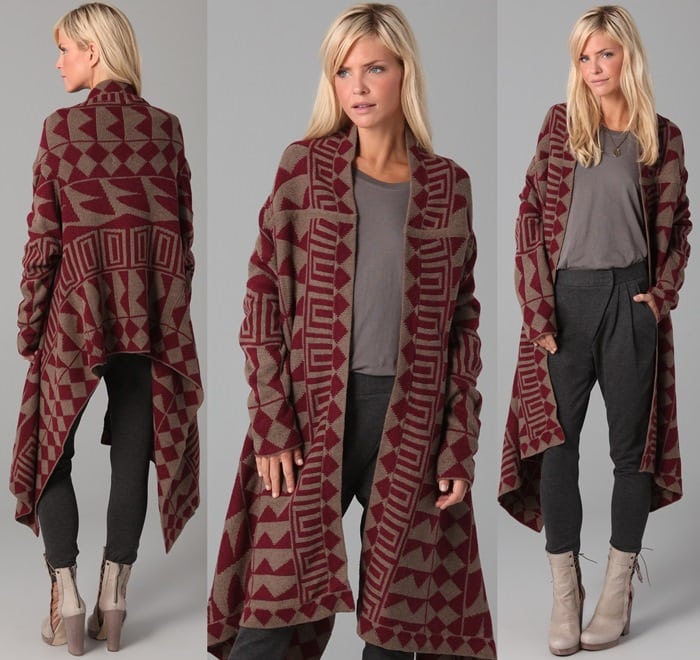 Showcasing the epitome of fall fashion, this 'Funktional Mayan Draped Cardigan' blends comfort with style, available for $167 – a must-have for your autumn wardrobe