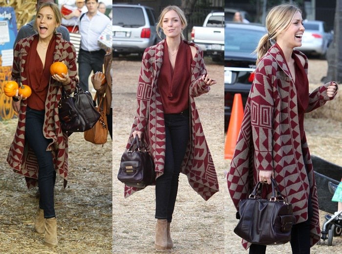 Kristin Cavallari showcased her style at Mr. Bones Pumpkin Patch in West Hollywood on October 19, 2011, wearing a Helmut Lang mercury draped top, Funktional Mayan draped cardigan, Z Spoke Zac Posen polished ZS920 satchel, Jimmy Choo Evans stitched platform ankle booties, and BLANKNYC spray-on skinny jeans in Heavy Dose