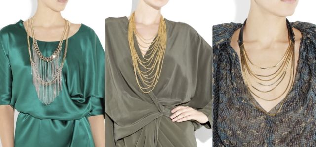 1. Roberto Cavalli Gold and silver-plated chain necklace, $1,525 / 2. Philippe Audibert Chaine gold-plated multi-strand necklace, $775 / 3. Lanvin Leather and brass multi-chain necklace, $910