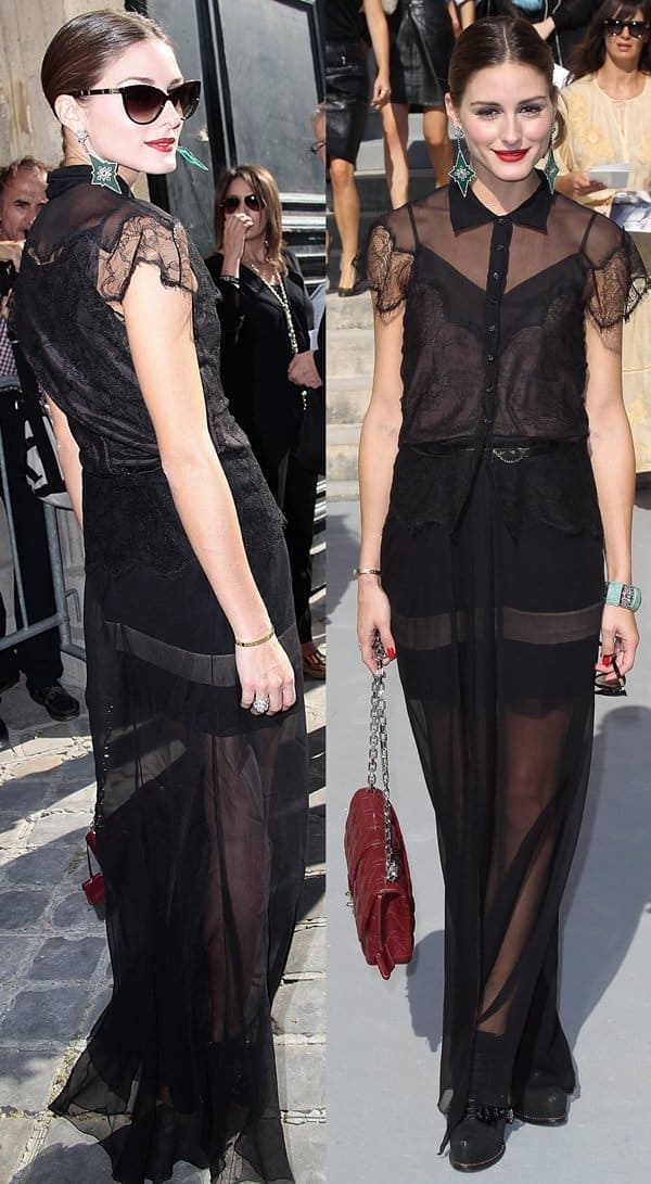 Olivia Palermo styled her sheer Christian Dior dress with a burgundy chain-strap bag