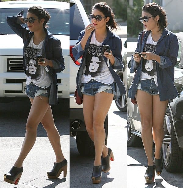 Vanessa Hudgens, in Sherman Oaks on October 3, 2011, wore Blu Moon heart-shaped sunglasses, a Low Luv cross pendant, One Teaspoon Original Bandits denim shorts, a Low Luv by Erin Wasson Aztec finger ring in silver, a Linea Pelle Dylan quilted leather shoulder bag, Christian Louboutin leather clog peep toe ankle boots, and a One Teaspoon Hustler Dusty tank