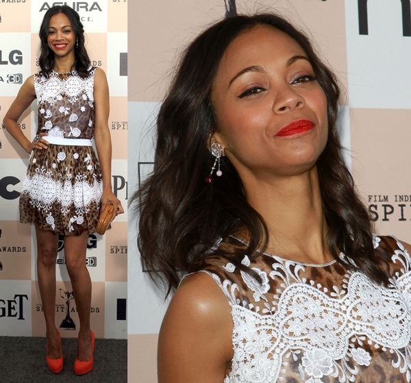 Zoe Saldana made a breathtaking appearance in a leopard print Dolce & Gabbana cocktail dress at the 2011 Film Independent Spirit Awards