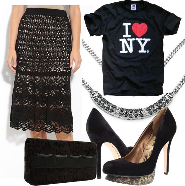 Skirt: Nic + Zoe Lacey Flirt Skirt, $164 / Tee: I Love New York Tee, $20 / Pumps: Sam Edelman Ulysa, $120 / Clutch: BCBGeneration Hazel, $58/ Necklace: JewelzDirect Sapphire and Diamond Necklace, $160