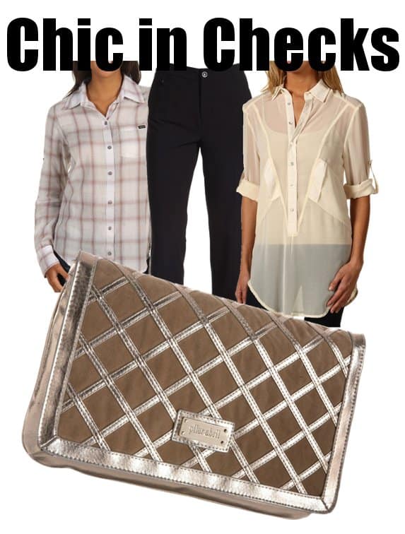 Clutch: Pilar Abril Petunia, $58 / Checkered Top: RVCA Down the Line, $39 / Pants: Not Your Daughters Jeans Janet Tab Welt Ankle Trouser, $90 / Sheer Top: Type Z Nasha, $53