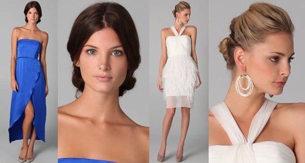 For strapless dresses, choose a hairstyle that complements the neckline and enhances your collarbone, whether it's an updo for a sexy look or free-flowing curls for a conservative look, and use smoothing balm and blow drying to frame and highlight your shoulders, neck, and collarbone
