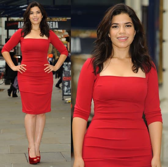 America Ferrera dazzles in a striking red long-sleeve dress by Nicole Miller at the Chicago photocall, London