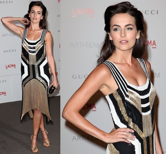 Actress Camilla Belle in a gold, white, and black art deco flapper-esqe Gucci dress LACMA Art + Film Gala Honoring Clint Eastwood and John Baldessari Presented By Gucci at Los Angeles County Museum of Art