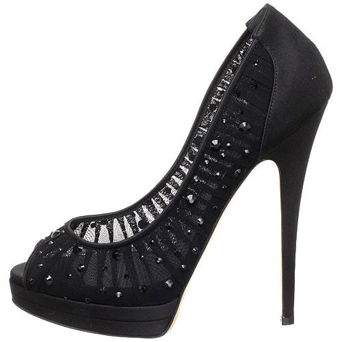 Casadei Black Rhinestone and Mesh Triple Platform Peep-Toe Pumps