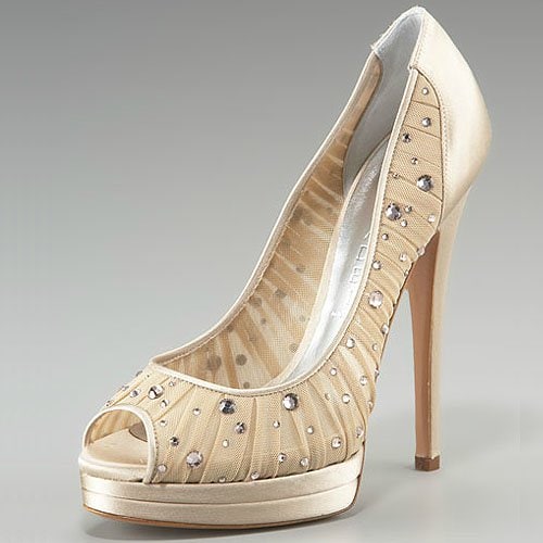 Casadei Champagne Rhinestone and Mesh Triple Platform Peep-Toe Pumps