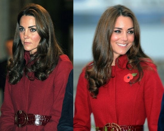 Kate Middleton wears a belted L.K. Bennett Ami long coat in red burgundy