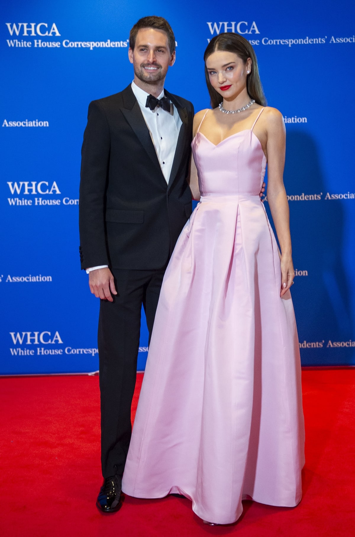 Evan Spiegel in a Saint Laurent tuxedo and his wife Miranda Kerr in a Sheila Frank dress at the 2022 White House Correspondents’ Association Dinner