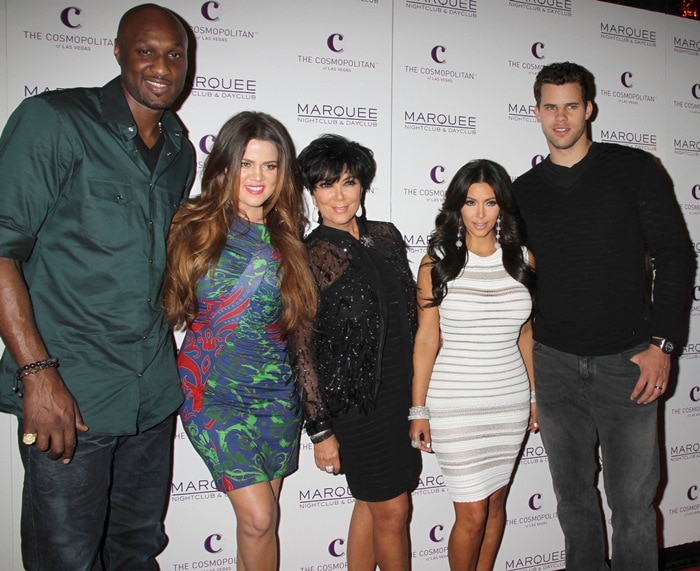 Lamar Odom, Khloé Kardashian, Kris Jenner, Kim Kardashian, Kris Humphries, and Kim Kardashian celebrate Kim's birthday at Marquee Nightclub at Cosmopolitan in Las Vegas, October 22, 2011