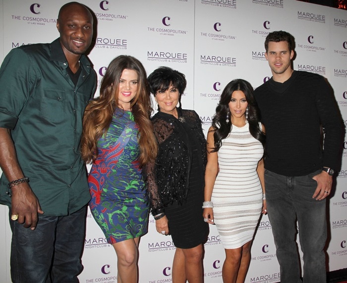 Lamar Odom, Khloe Kardashian, Kris Jenner, Kim Kardashian, Kris Humphries, and Kim Kardashian celebrate Kim's birthday at Marquee Nightclub at Cosmopolitan in Las Vegas, October 22, 2011